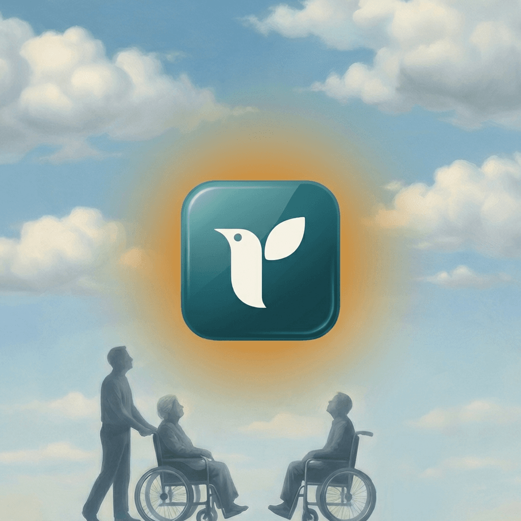 The Alula app icon glowing among clouds, with caregivers in silhouette below