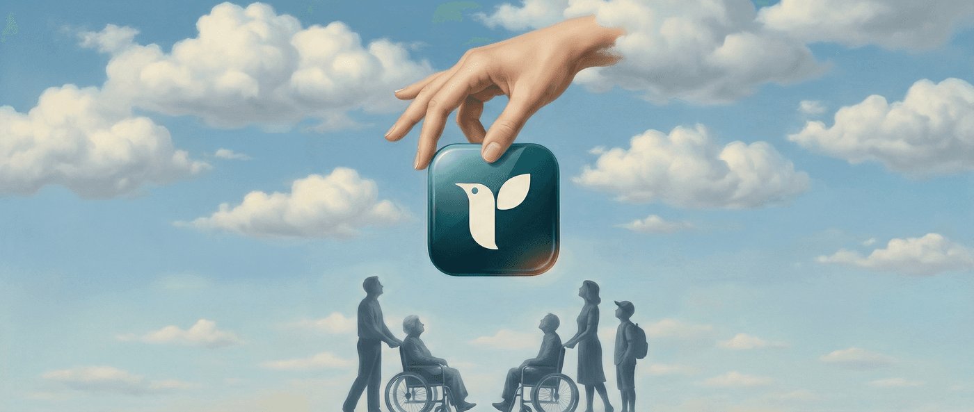 A hand from the clouds places the Alula app icon among a multigenerational family with caregivers
