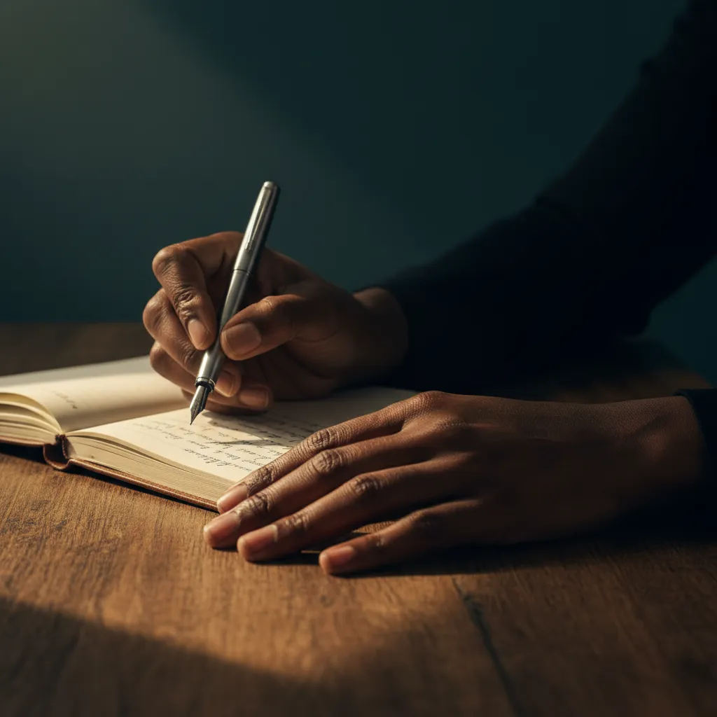 A professional's hands writing notes at a wooden desk in dramatic light