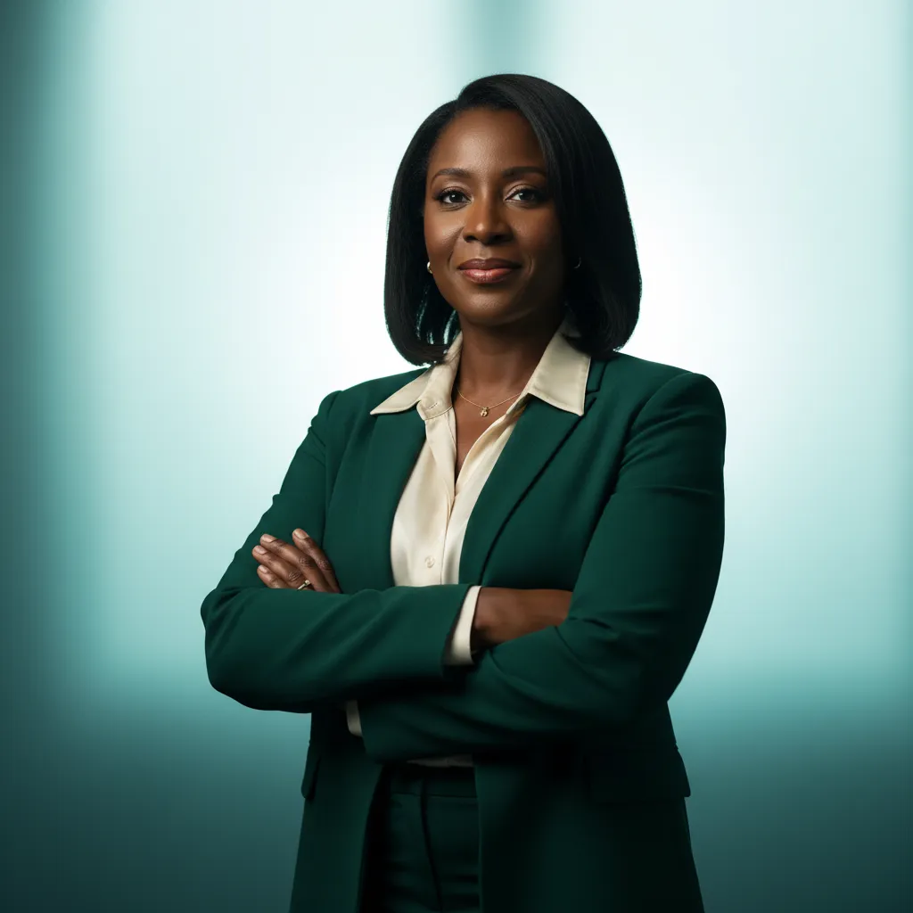 A confident professional caregiver standing with arms crossed in a teal-toned editorial portrait