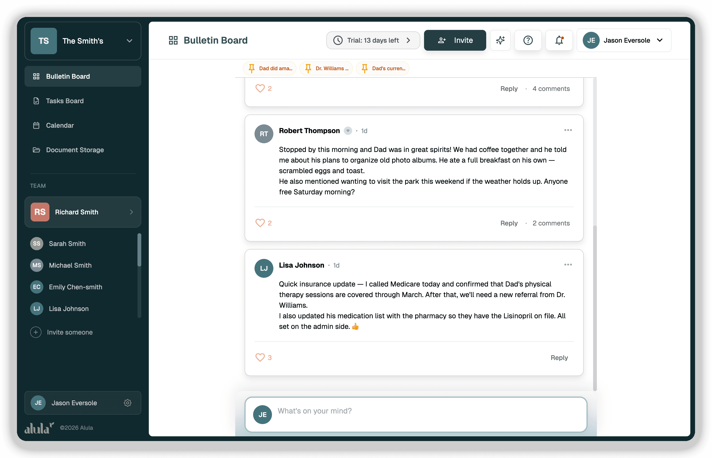 Alula Bulletin Board showing family care updates, conversations, and pinned notes on desktop