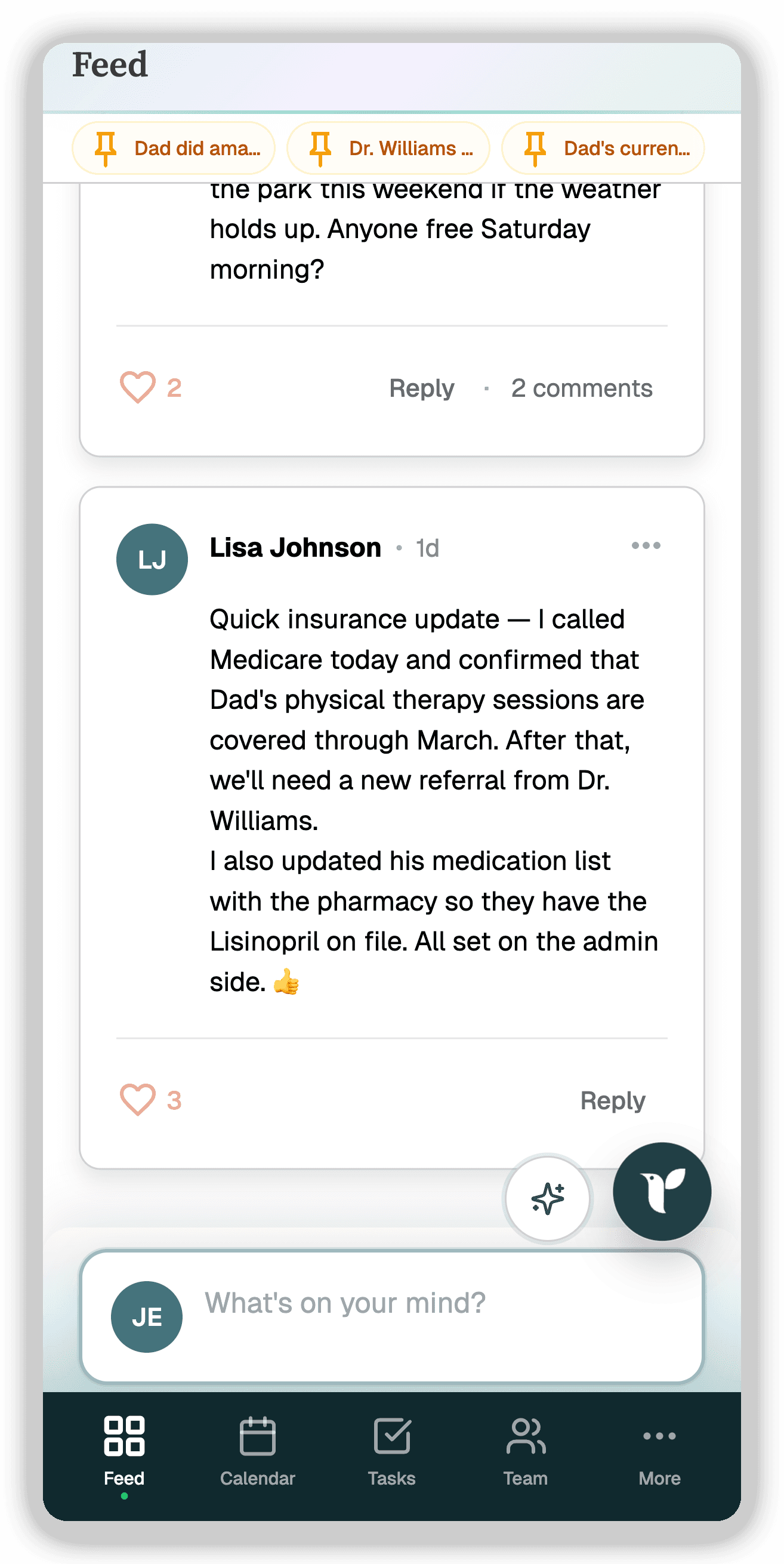 Alula Bulletin Board mobile view with care updates feed