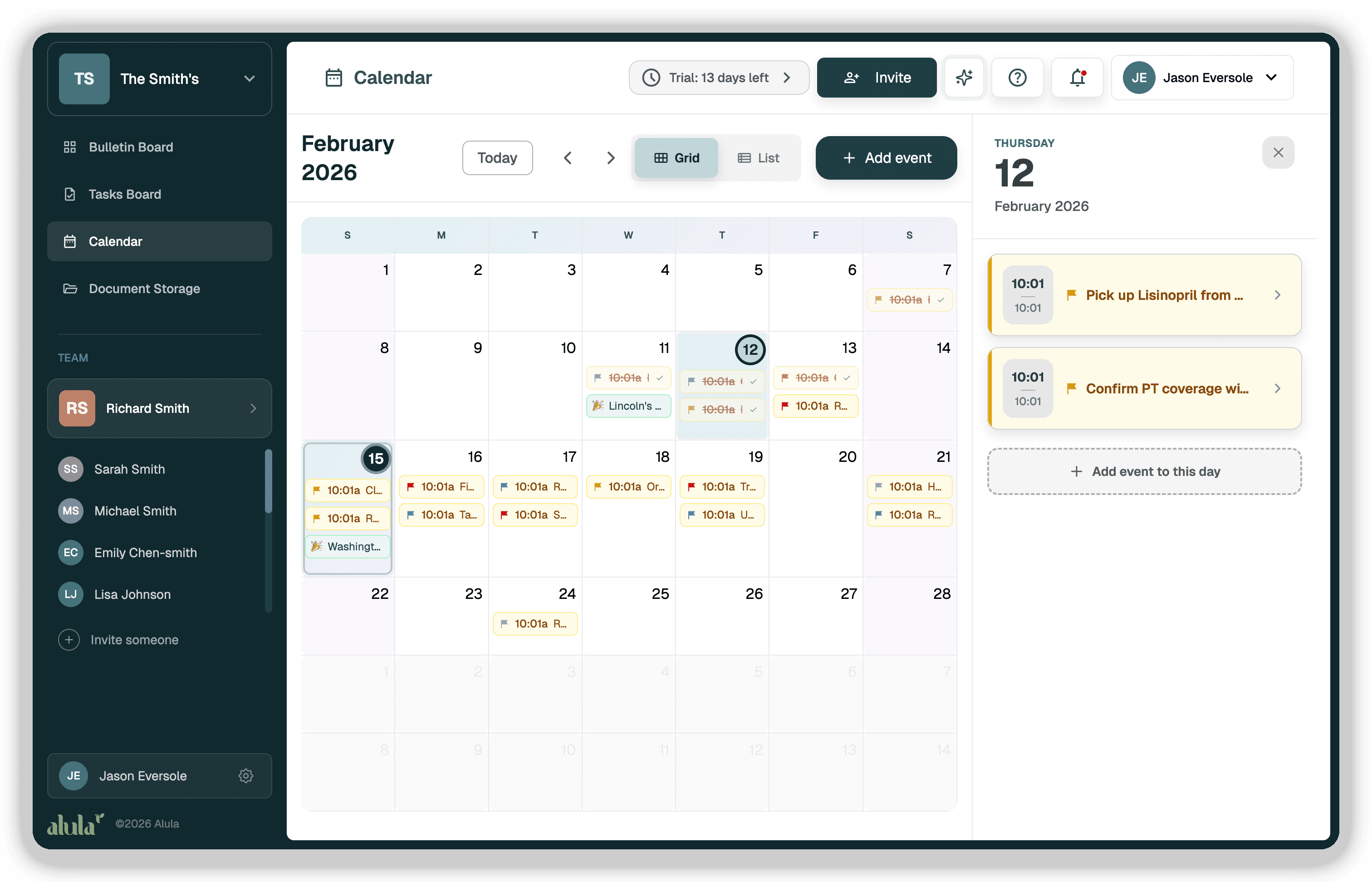 Alula shared calendar showing February 2026 with care appointments, events drawer, and medication reminders