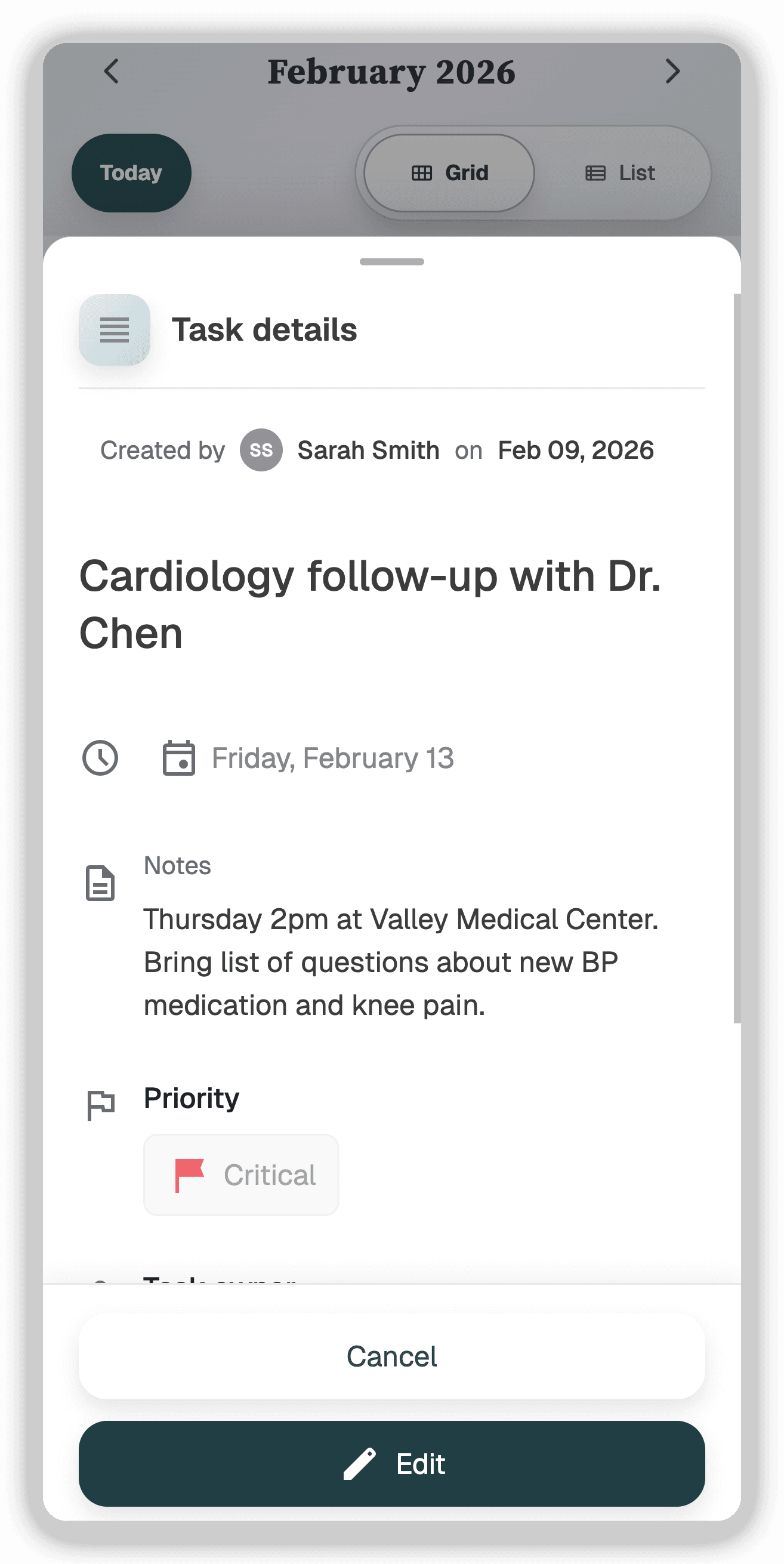 Alula calendar mobile view showing task details for cardiology follow-up