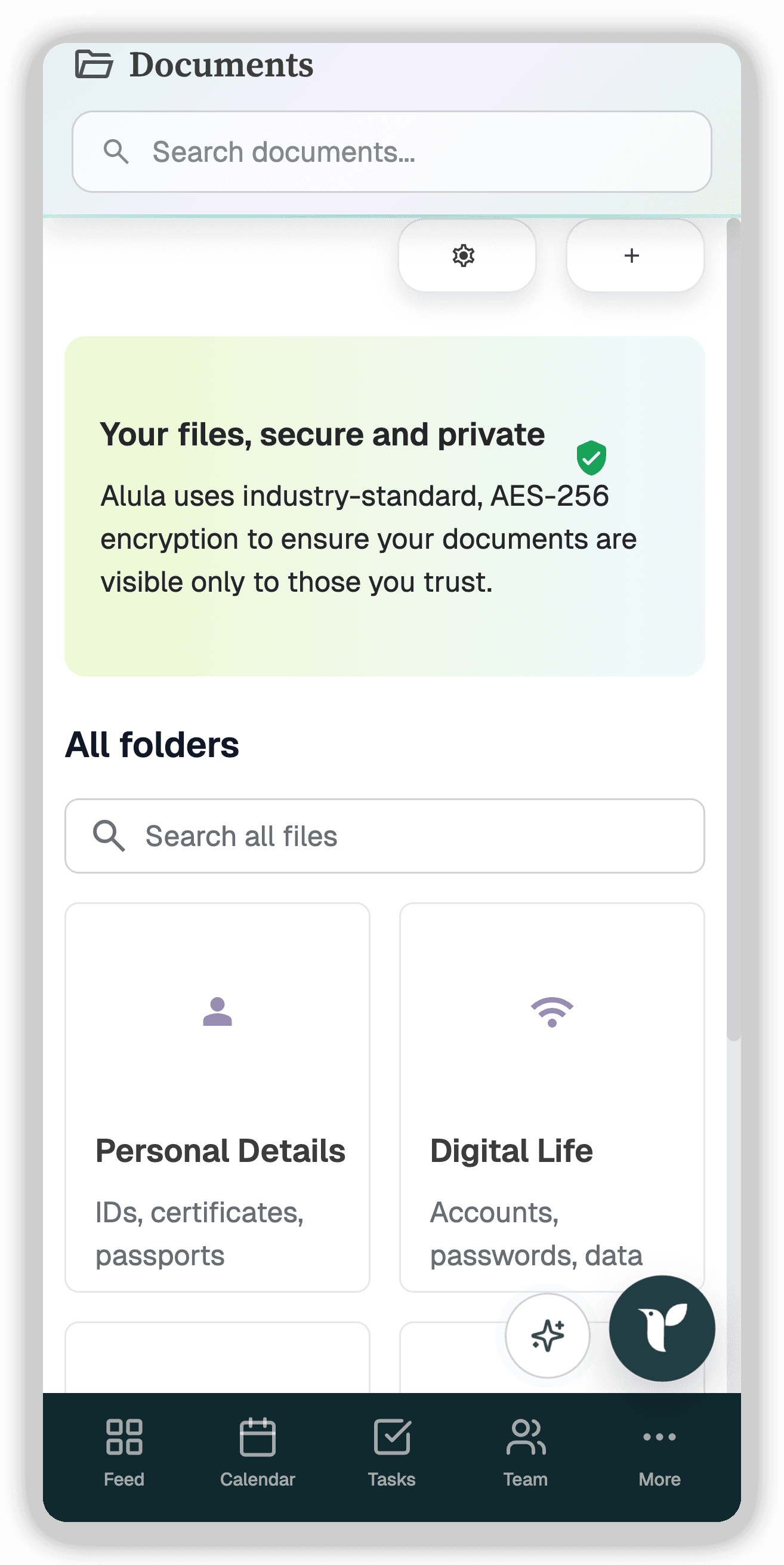 Alula Document Storage mobile view with secure document folders and search