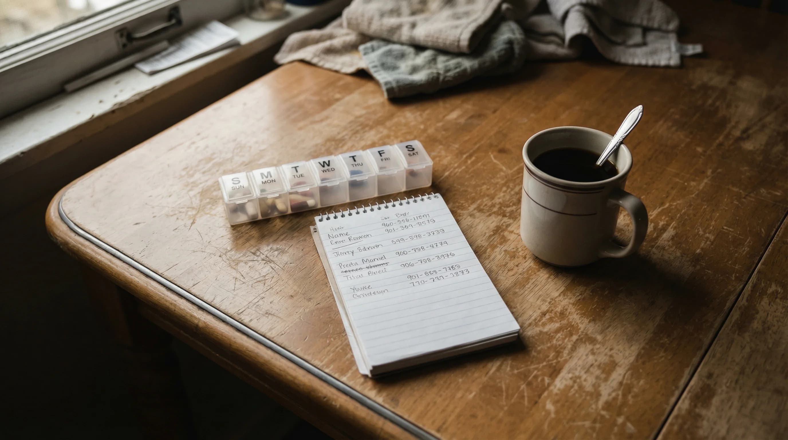A worn kitchen table in soft morning light with a notepad, pill organizer, and cold cup of coffee