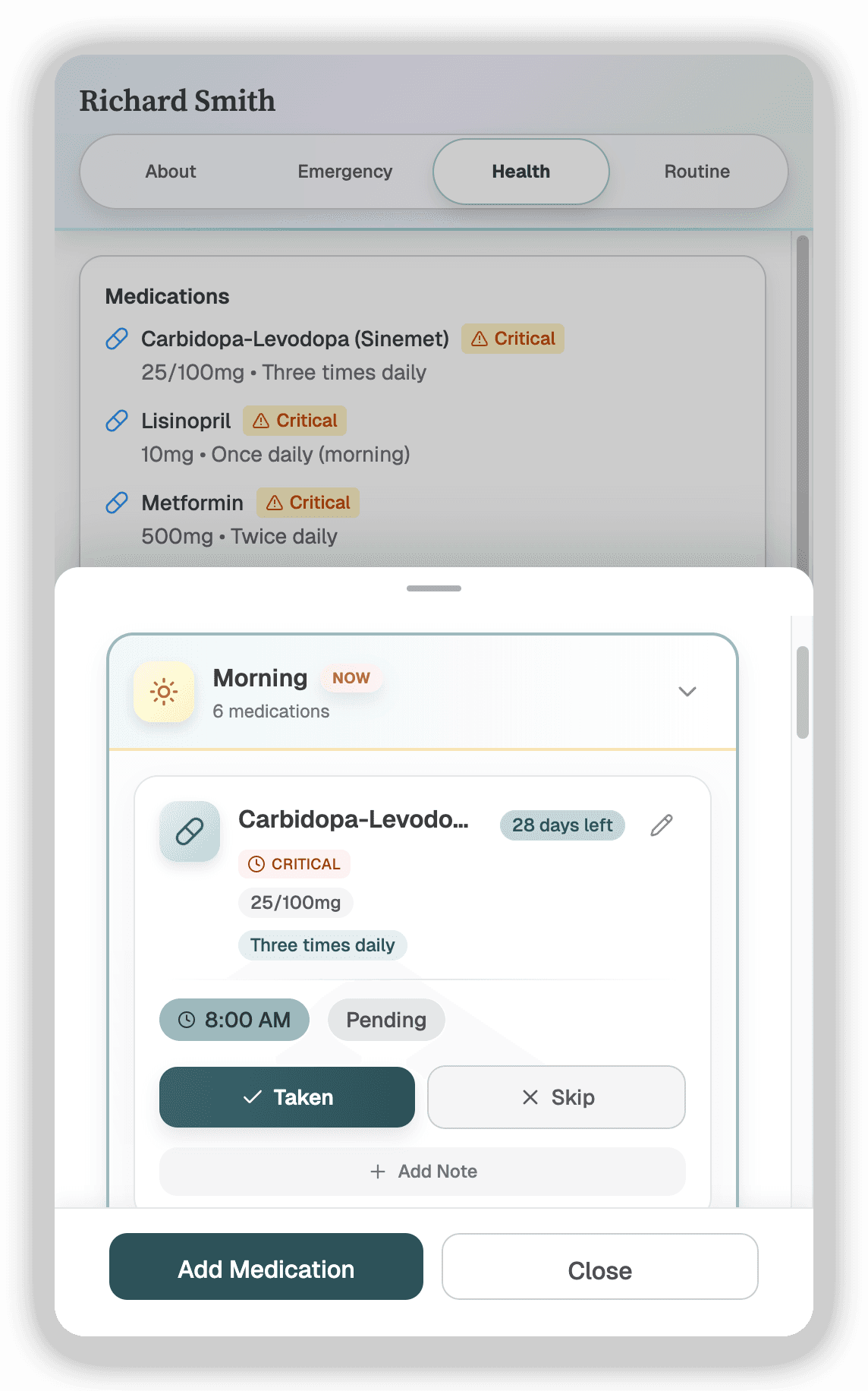 Alula medication mobile view showing morning dose reminder for Carbidopa-Levodopa