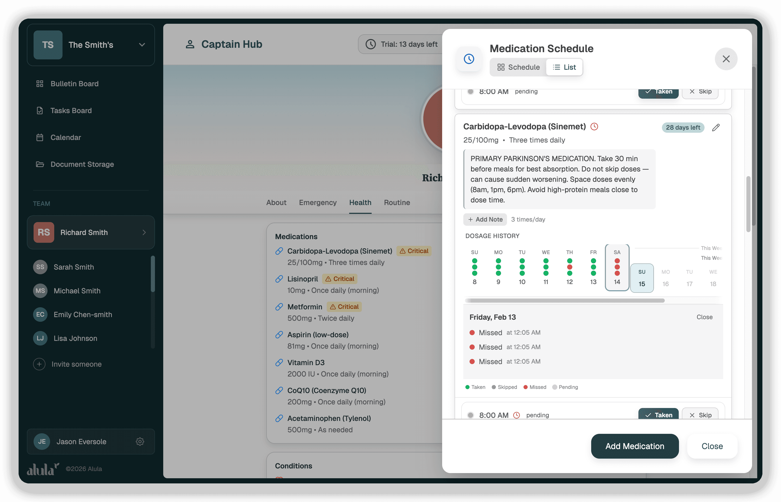 Alula Medication Management showing complete medication list, dosage schedule, and adherence history