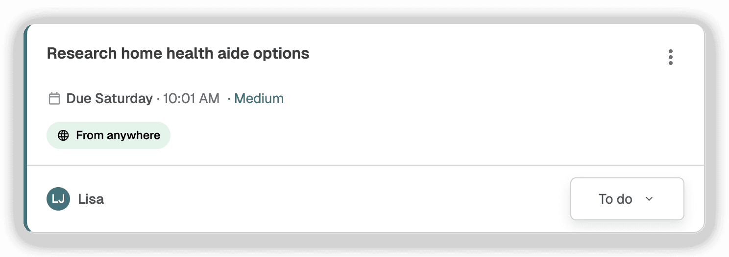 Task card: Research home health aide options — Medium priority, assigned to Lisa