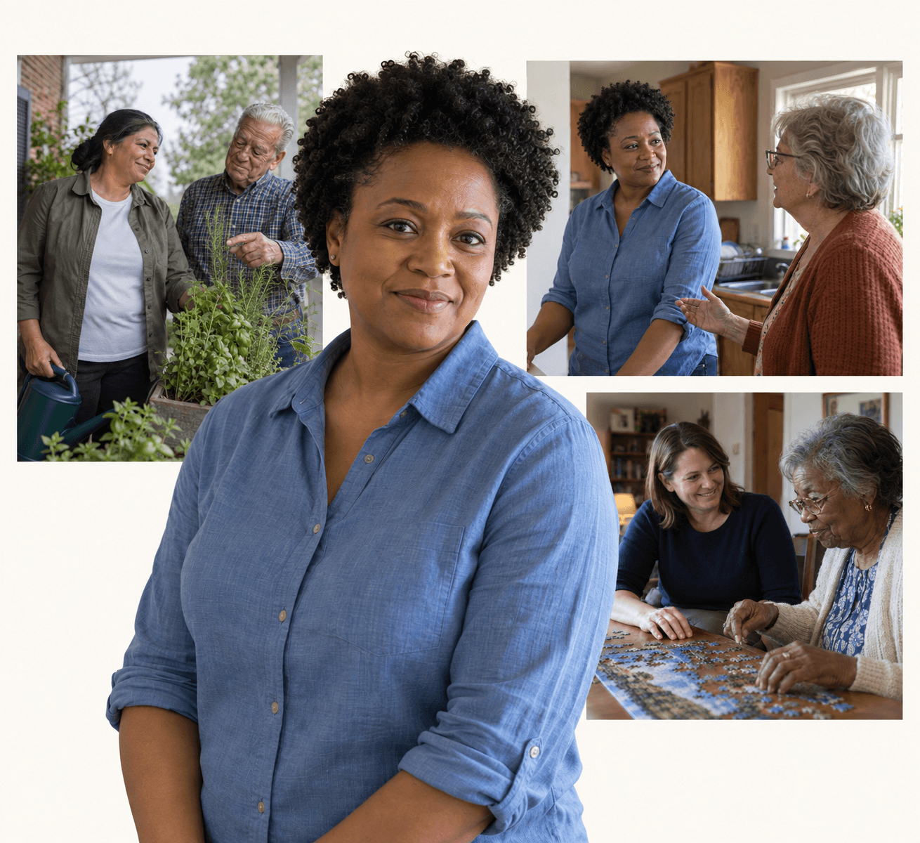 Illustrative montage of a professional caregiver, with gardening, conversation, and a shared puzzle behind her.