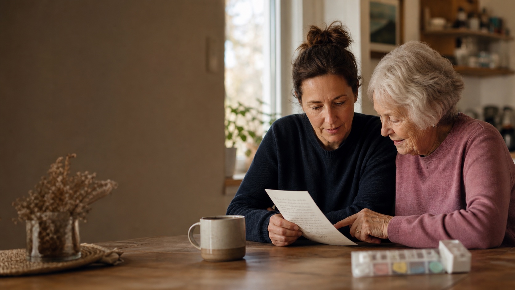 A caregiver and older adult reviewing a handwritten routine note at a kitchen table